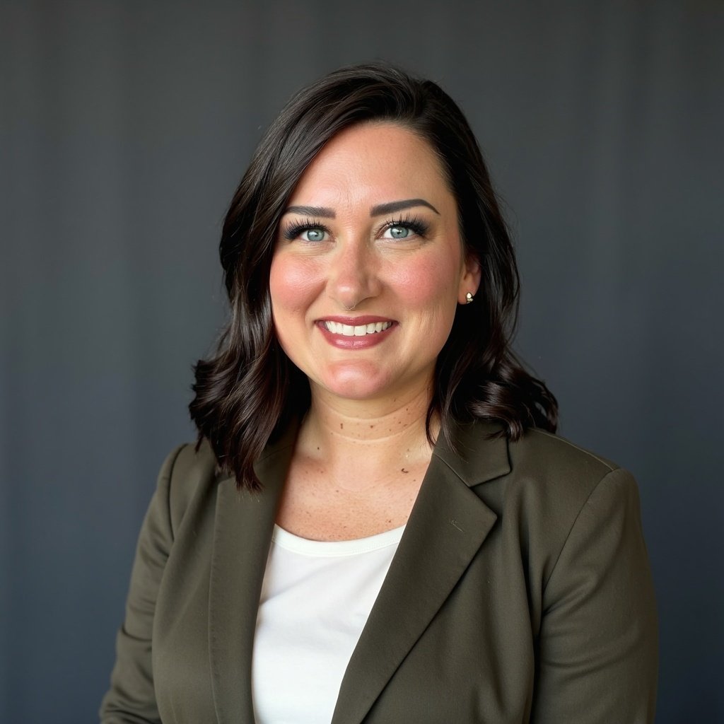 A woman with medium-length dark hair, blue eyes, and fair skin, smiling and wearing a green blazer and white top against a dark background.