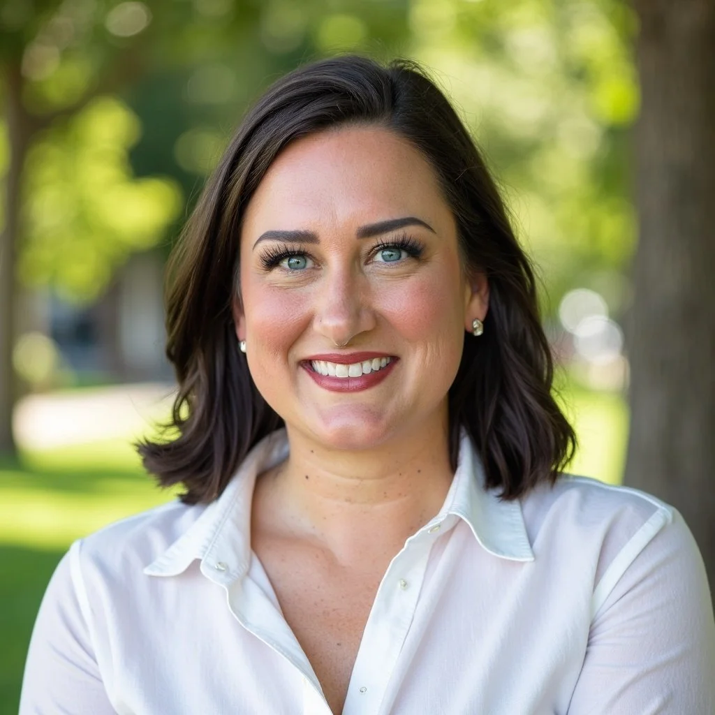 A woman smiling outdoors with trees and a sunny background, wearing a white shirt and earrings.