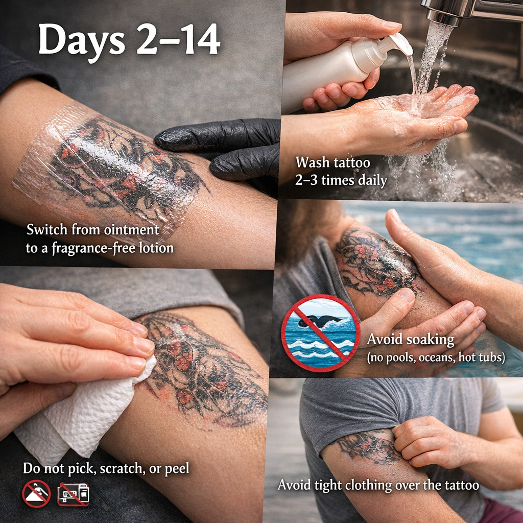 Tattoo healing process days 2 to 14 showing washing tattoo applying fragrance free lotion and avoiding scratching.png