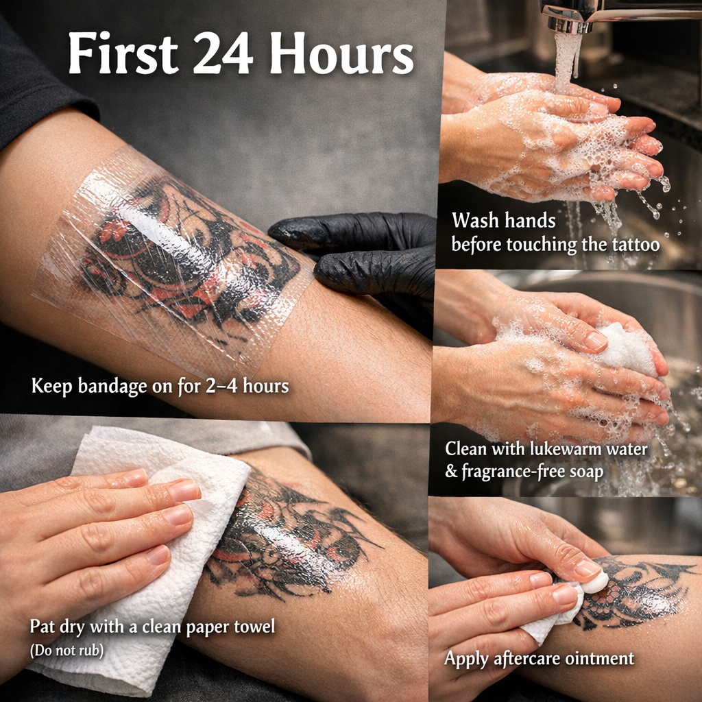 Tattoo aftercare first 24 hours showing bandage removal cleaning tattoo with fragrance free soap and applying ointment.png