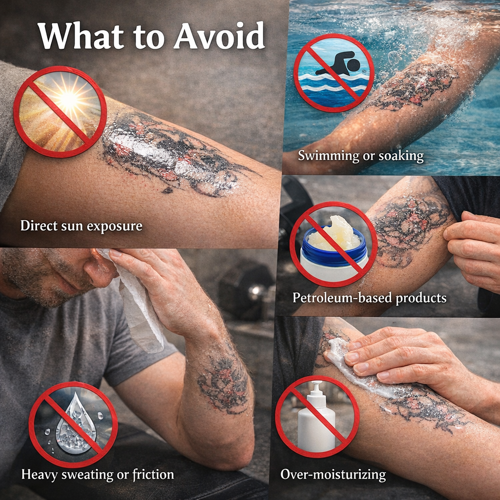Tattoo aftercare mistakes including sun exposure swimming petroleum based products and excessive sweating.png