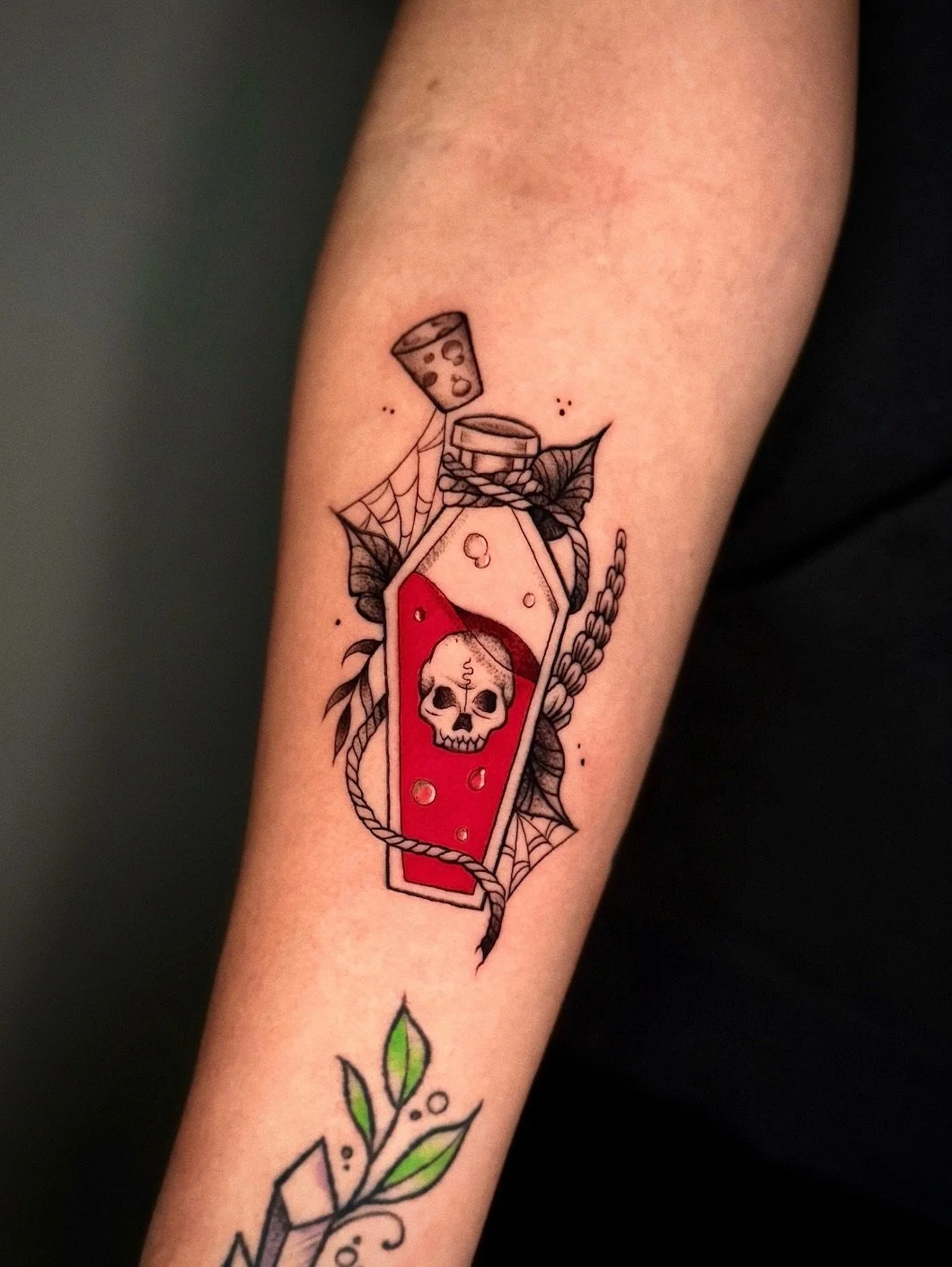 Fine line coffin skull tattoo illustrative style by InkArt tattoo studio Miami.JPG