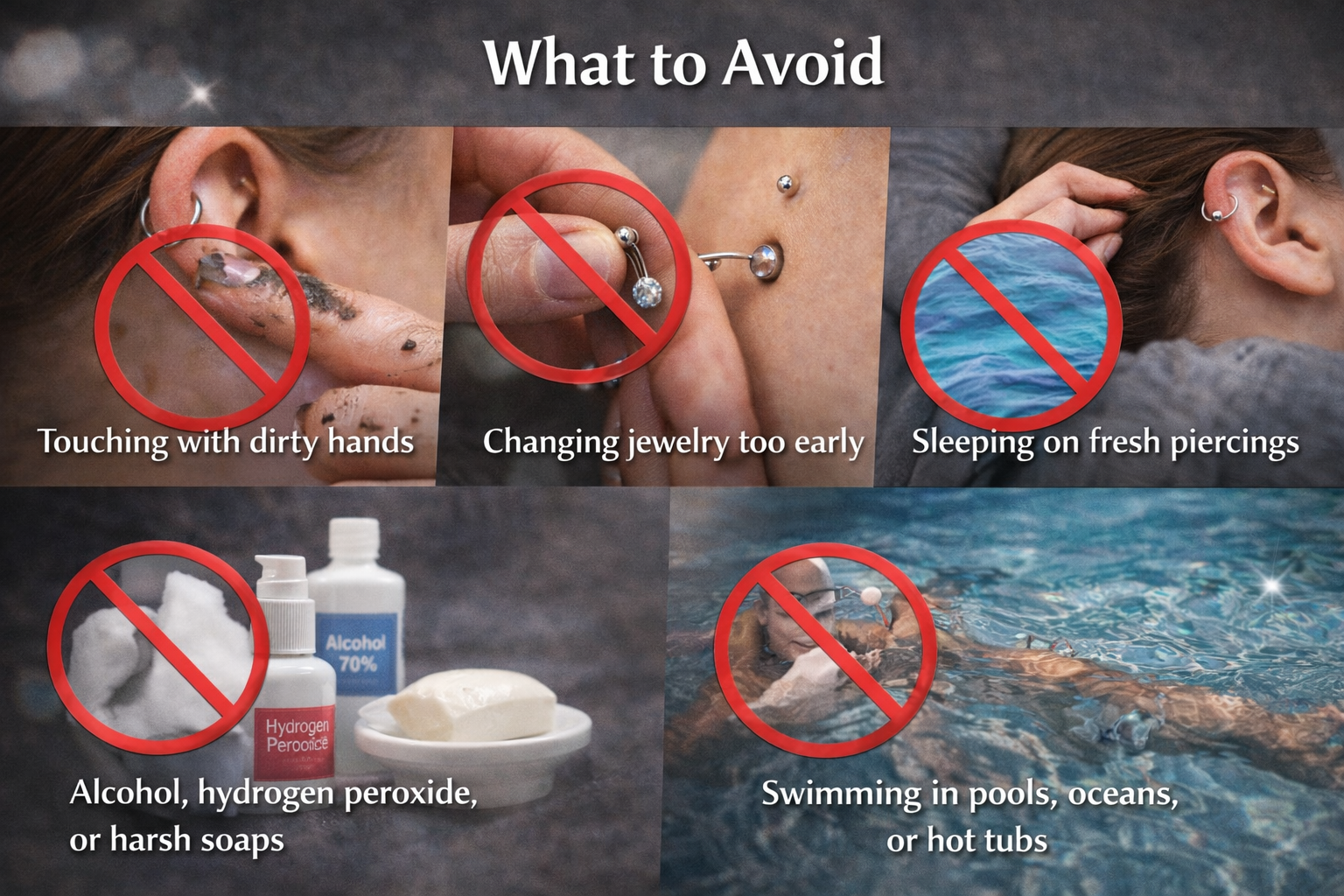 A poster titled "What to Avoid" with five images with red crossed-out symbols and accompanying text. The images depict touching dirty hands, changing jewelry too early, sleeping on fresh piercings, using alcohol or harsh soaps, and swimming in pools, oceans, or hot tubs.