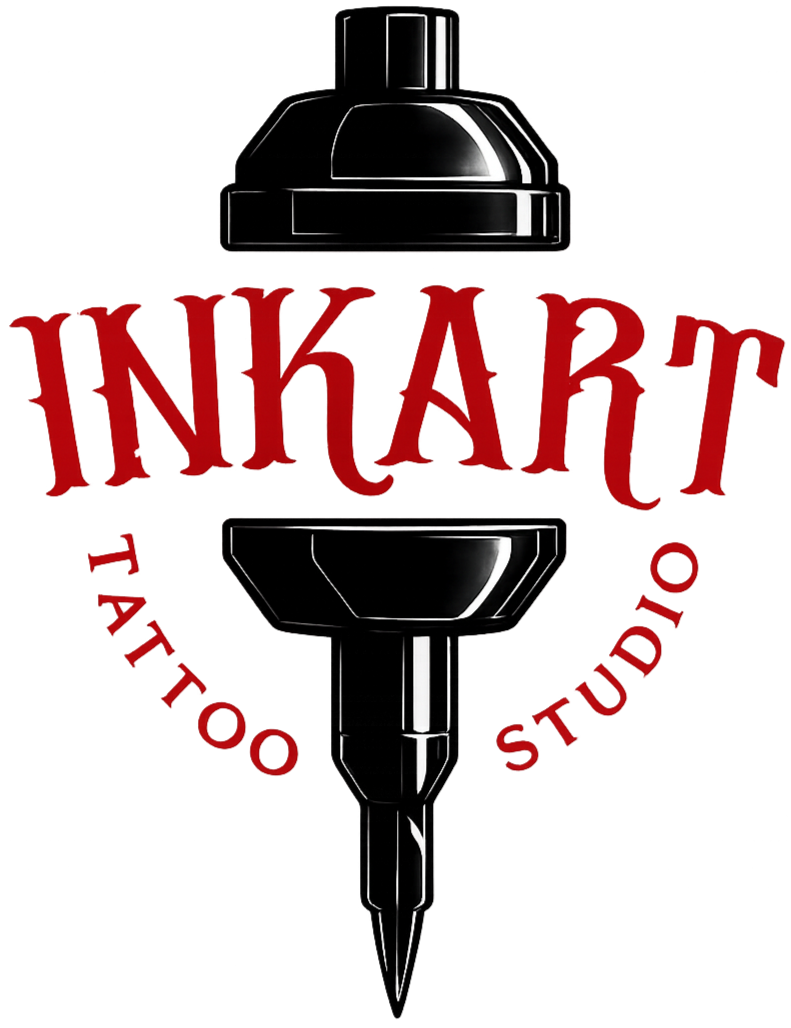 A logo for Ink Art Tattoo Studio featuring a black nail polish bottle with the nail polish brush attached below it, and the words 'INK ART' in red, stylized font across the middle, with 'TATTOO' and 'STUDIO' curved along the sides.