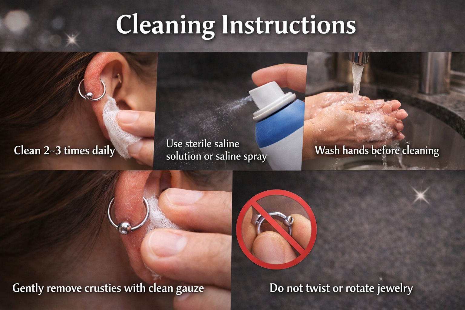Body piercing aftercare cleaning instructions using sterile saline solution and gauze.png