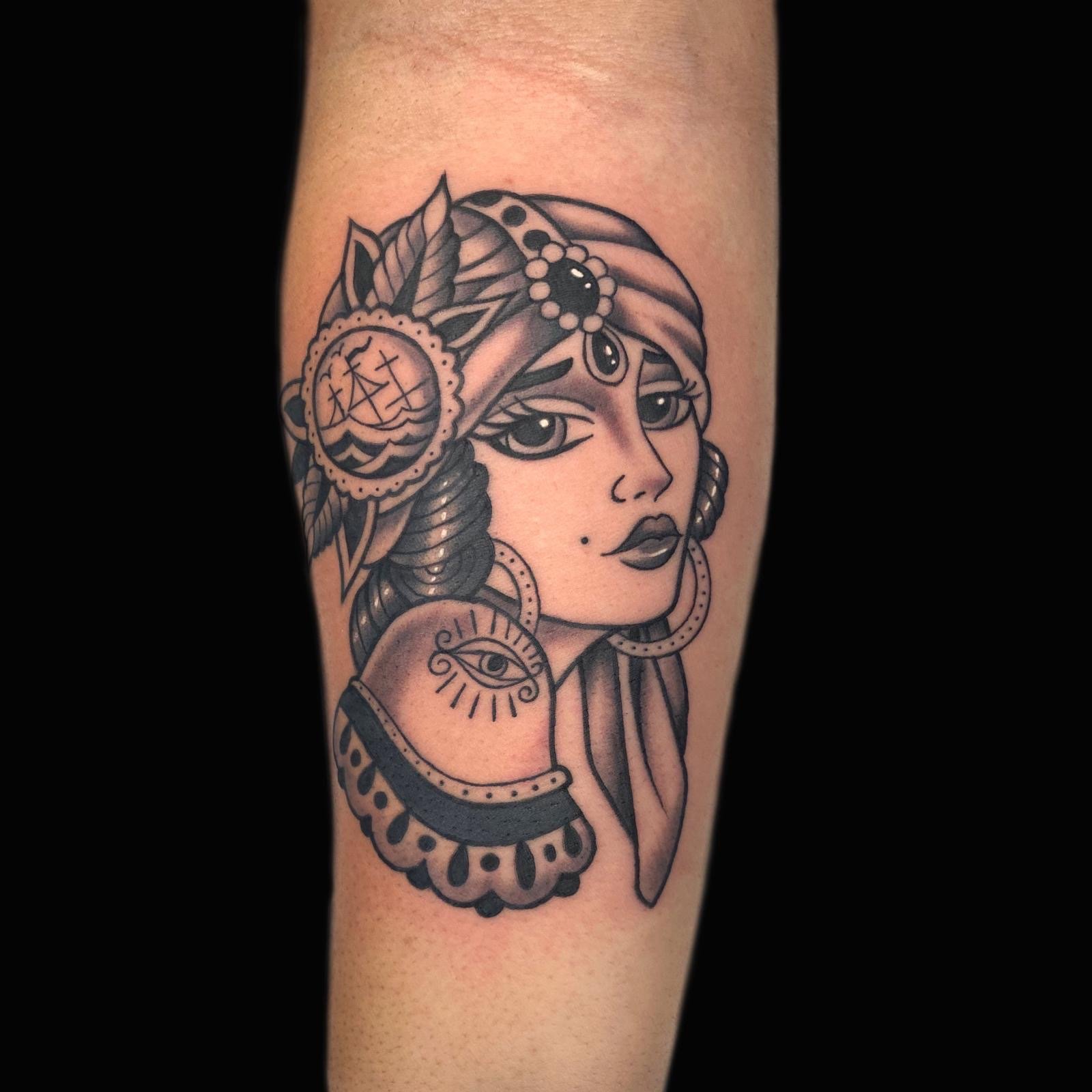 American traditional gypsy woman tattoo by InkArt tattoo studio Miami.jpg