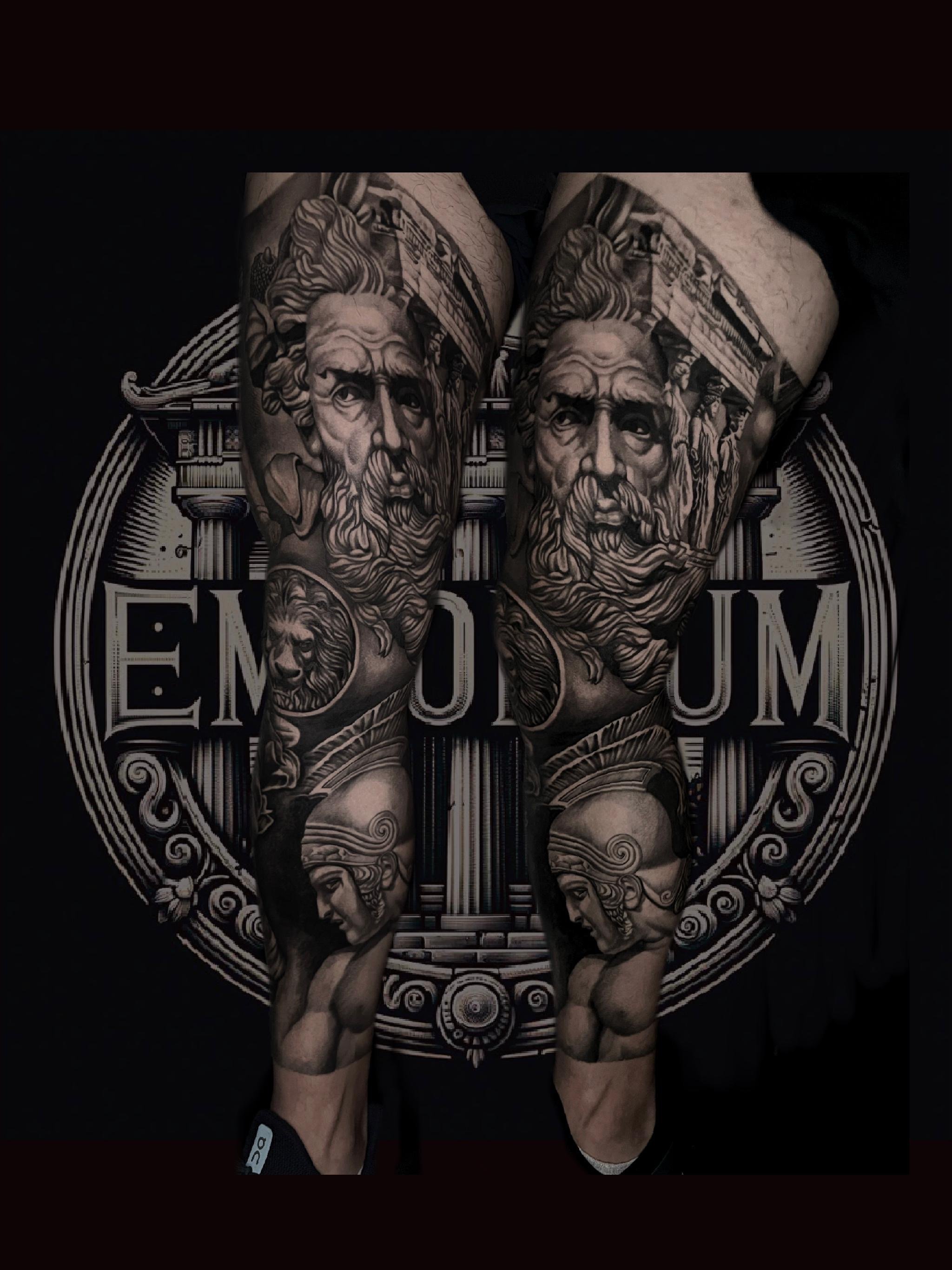 Black and grey Greek philosopher realism sleeve tattoo by InkArt Tattoos Miami