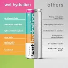 A canister of water hydration product with colorful sections highlighting benefits like zero sugar, no artificial flavors, and pure water, alongside a list of its benefits such as hydration and electrolysis.