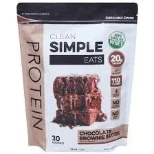 Box of Clean Simple Eats protein brownies, chocolate flavor, showing a picture of a brownie sitting on a plate.