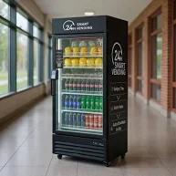 A vending machine with various beverages inside, located in a hallway with windows and brick walls.