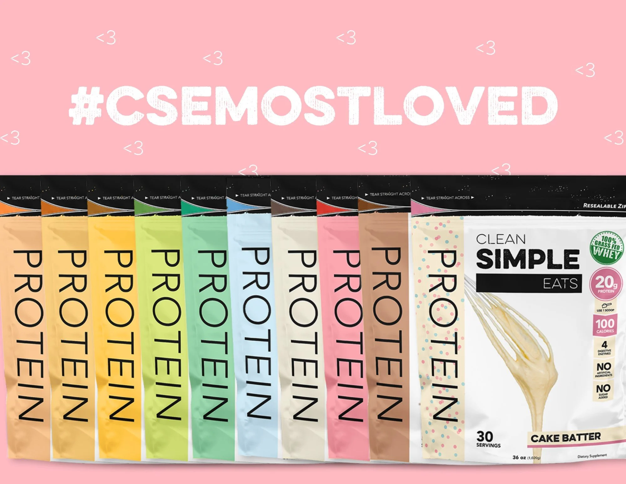 Multiple protein powder packages in various colors from the brand 'ProT EIN' arranged side by side, with a pink background featuring the hashtag '#CSeMOSTLOVED' at the top.