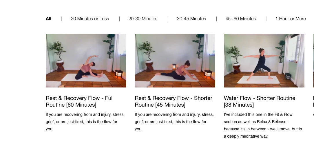 Screenshots of yoga routines, including a full 60-minute Rest & Recovery Flow, a 45-minute shorter Rest & Recovery Flow, and a 38-minute Water Flow routine, with images of a woman practicing yoga in a room with wooden floor and plants.