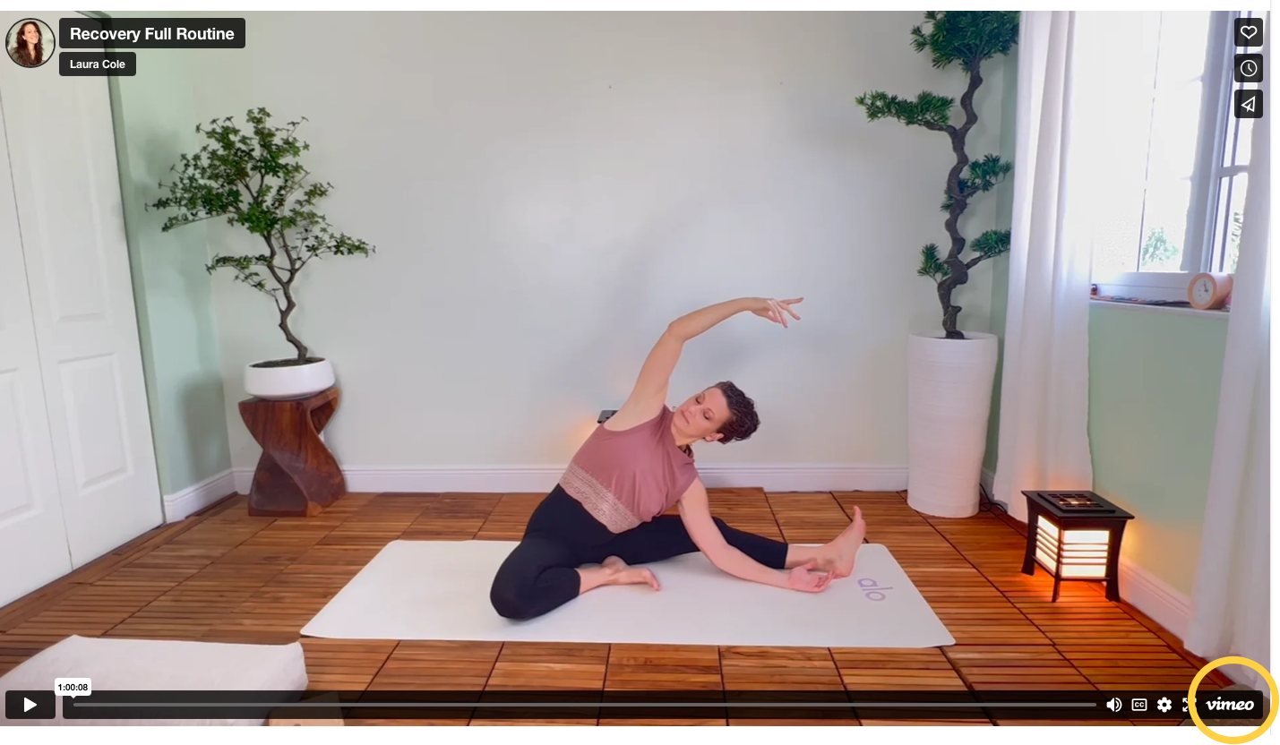 Woman practicing a seated side stretch yoga pose on a white mat in a bright room with wooden flooring, large potted plants, white curtains, and a small decorative lantern.