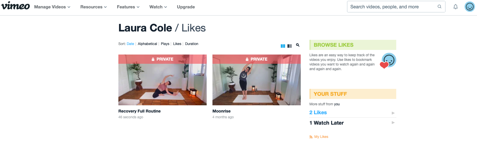 Profile page showing liked videos by Laura Cole, including two private videos titled "Recovery Full Routine" and "Moonrise," with thumbnails of a woman performing yoga poses in a bright room with wooden floors and potted plants.