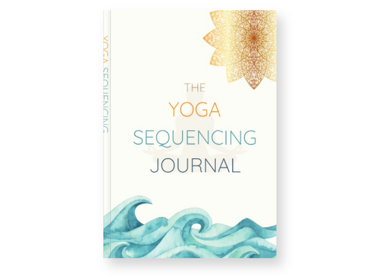 Cover of a journal titled 'The Yoga Sequencing Journal' with a design of blue waves at the bottom and a gold mandala pattern in the top right corner.