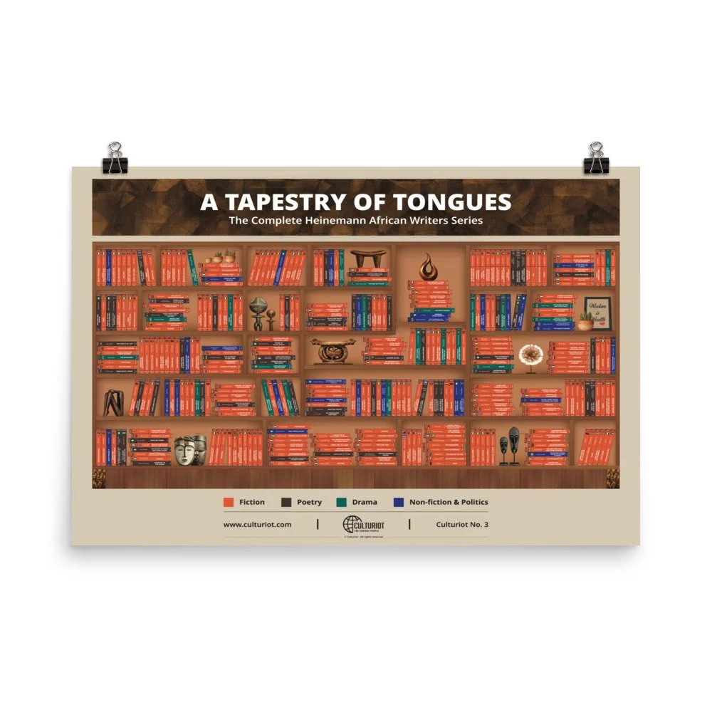 Image of a bookshelf with books and decorative items, titled 'A Tapestry of Tongues' from the Heinemann African Writers Series, categorizing books by fiction, poetry, drama, and non-fiction & politics.