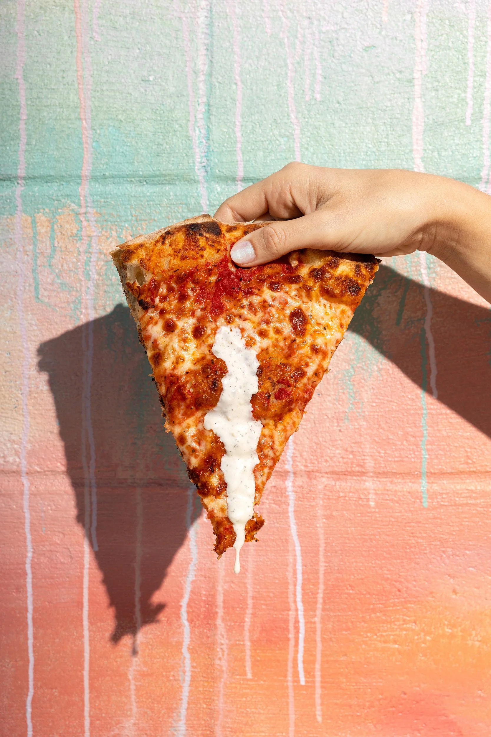 Person holding a slice of cheese pizza with a colorful painted wall in the background.