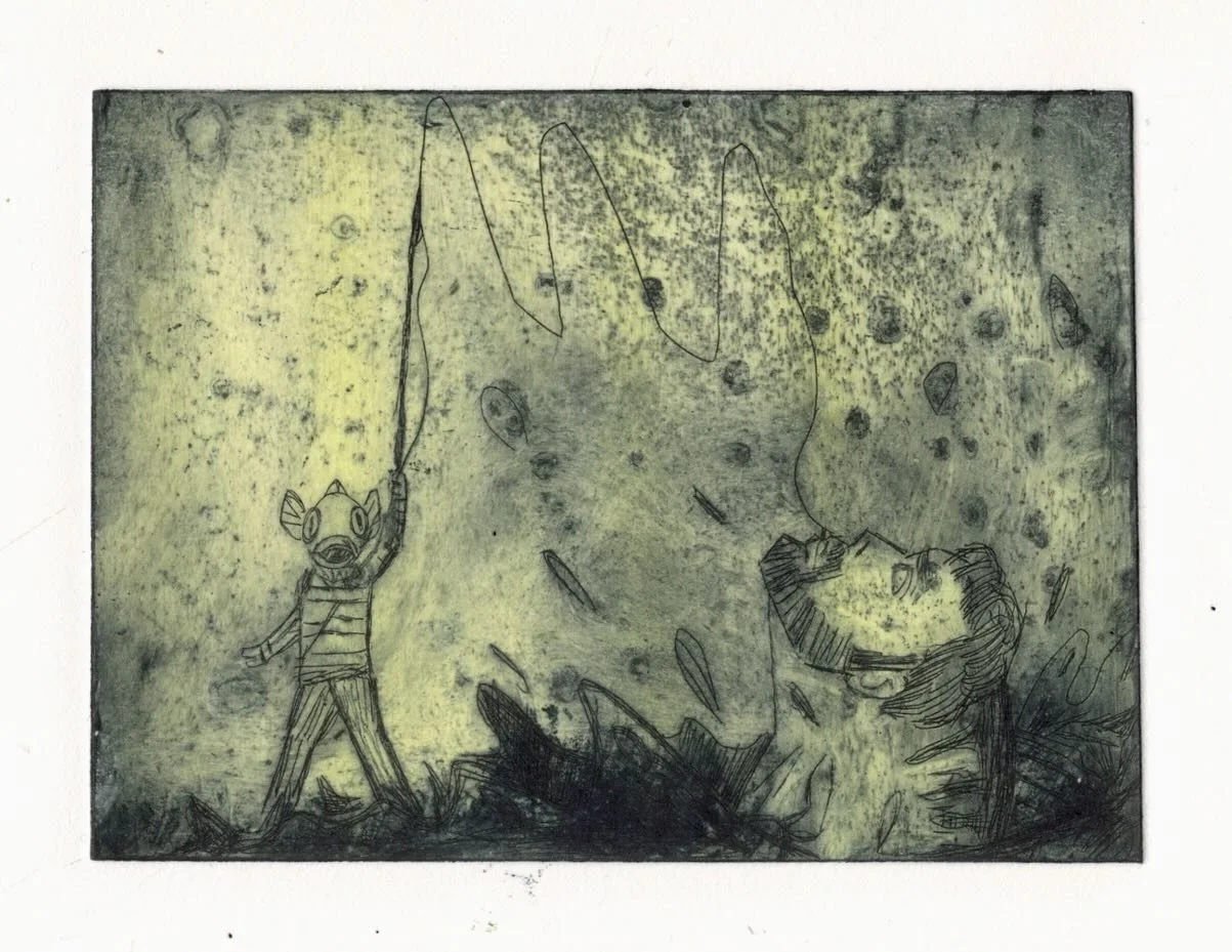 Metamorphosis 

Some etching prints of a human with a fish head catching a fish with a human head&hellip; very random.

#etching #metamorphosis #printmaking #authorialpractice