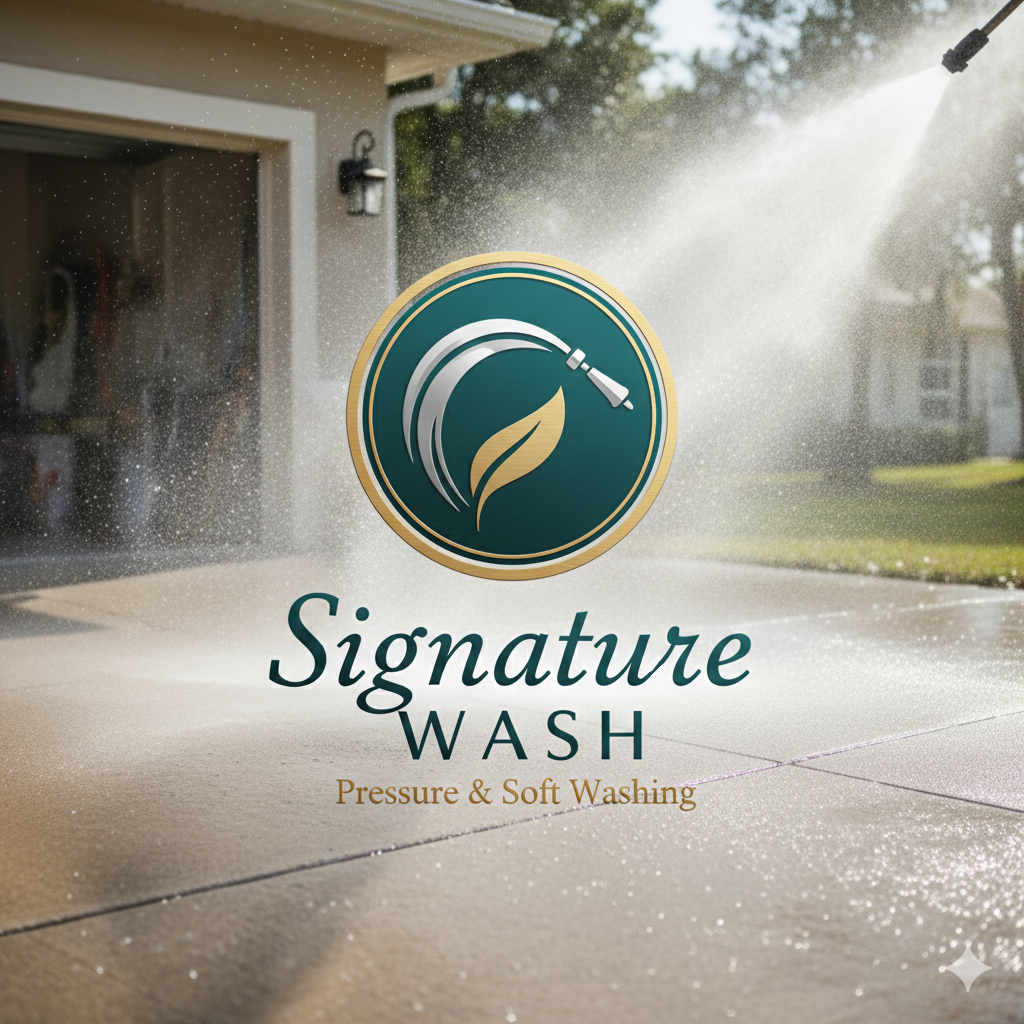 Pressure and soft washing completing a clean driveway during daytime with sunlight and water spray.