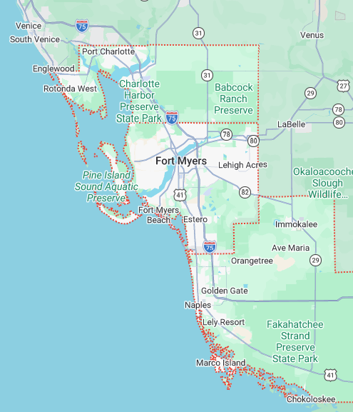 Map of Southwest Florida showing Fort Myers, Punta Gorda, Cape Coral, Naples, Bonita Springs, and surrounding areas.