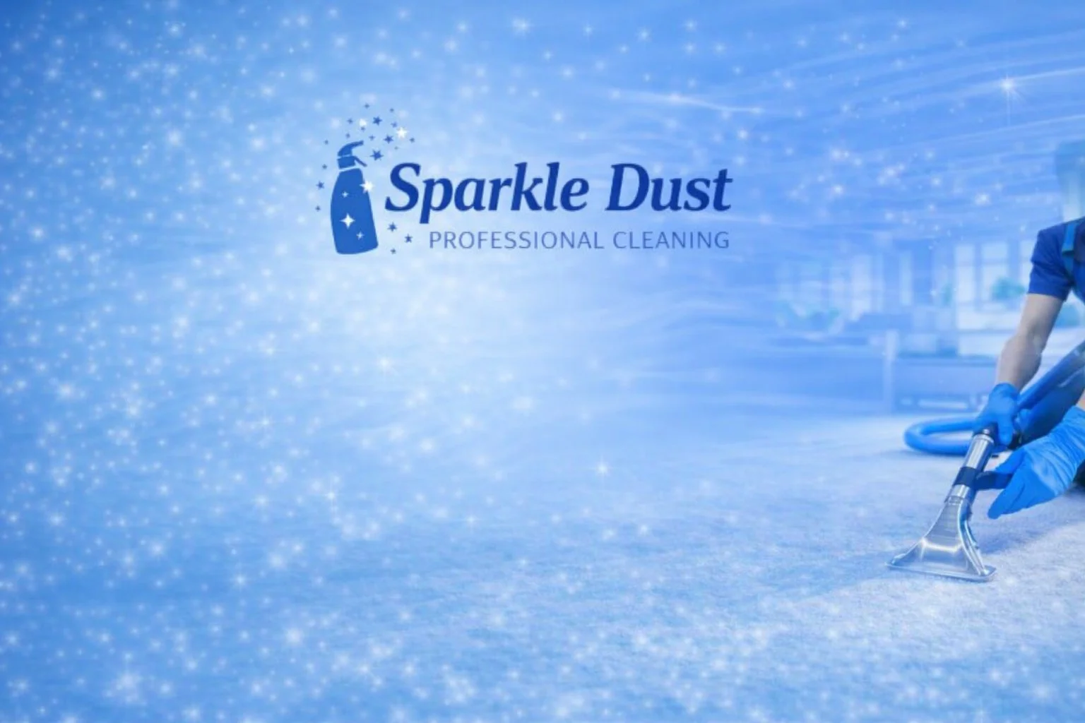 Sparkle Dust Professional Cleaning logo on a blue and white sparkling background, with a person in blue gloves cleaning a surface with a tool.