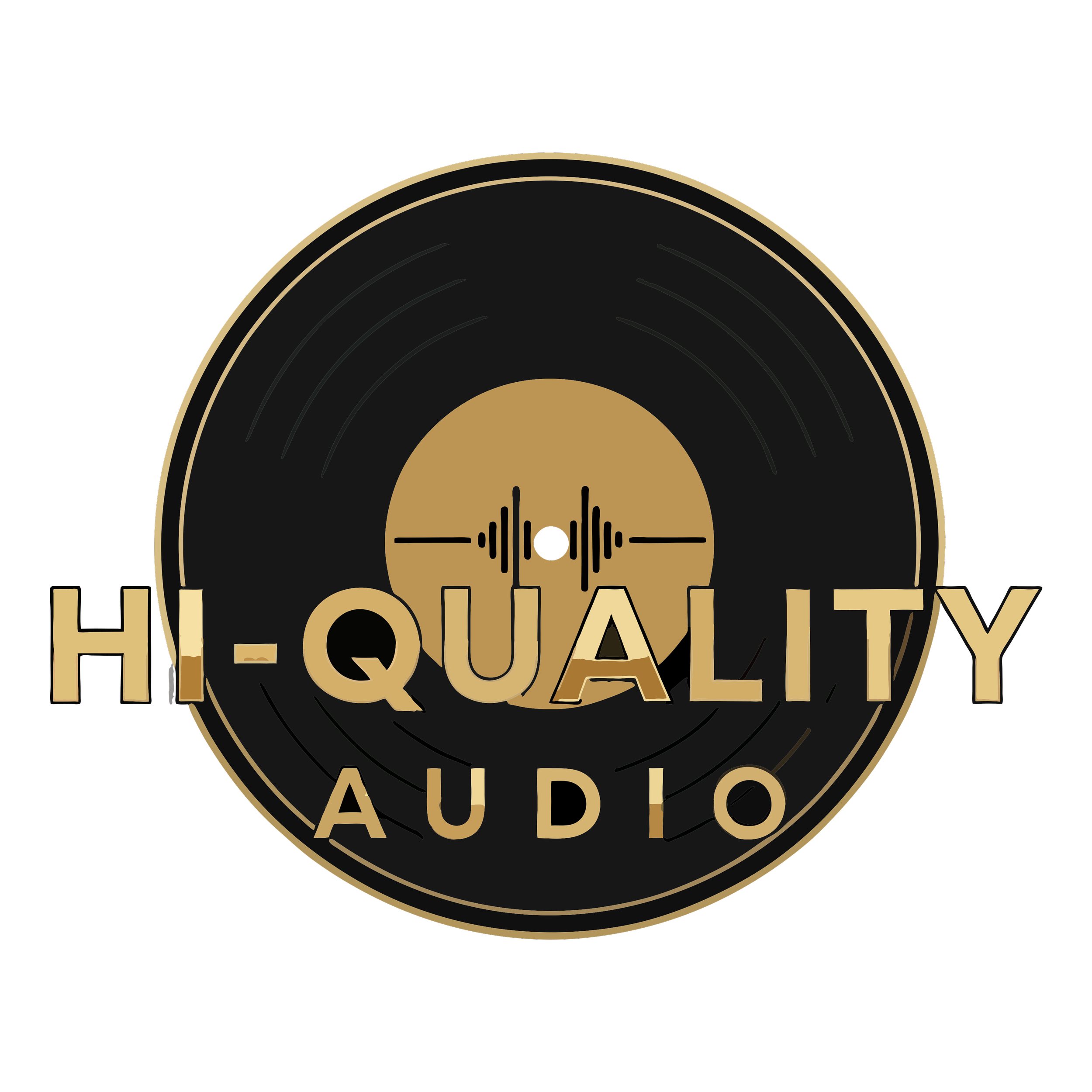 Gold and black logo of Hi-Quality Audio featuring a vinyl record with sound wave and dot center, and text 'HI-QUALITY AUDIO'.