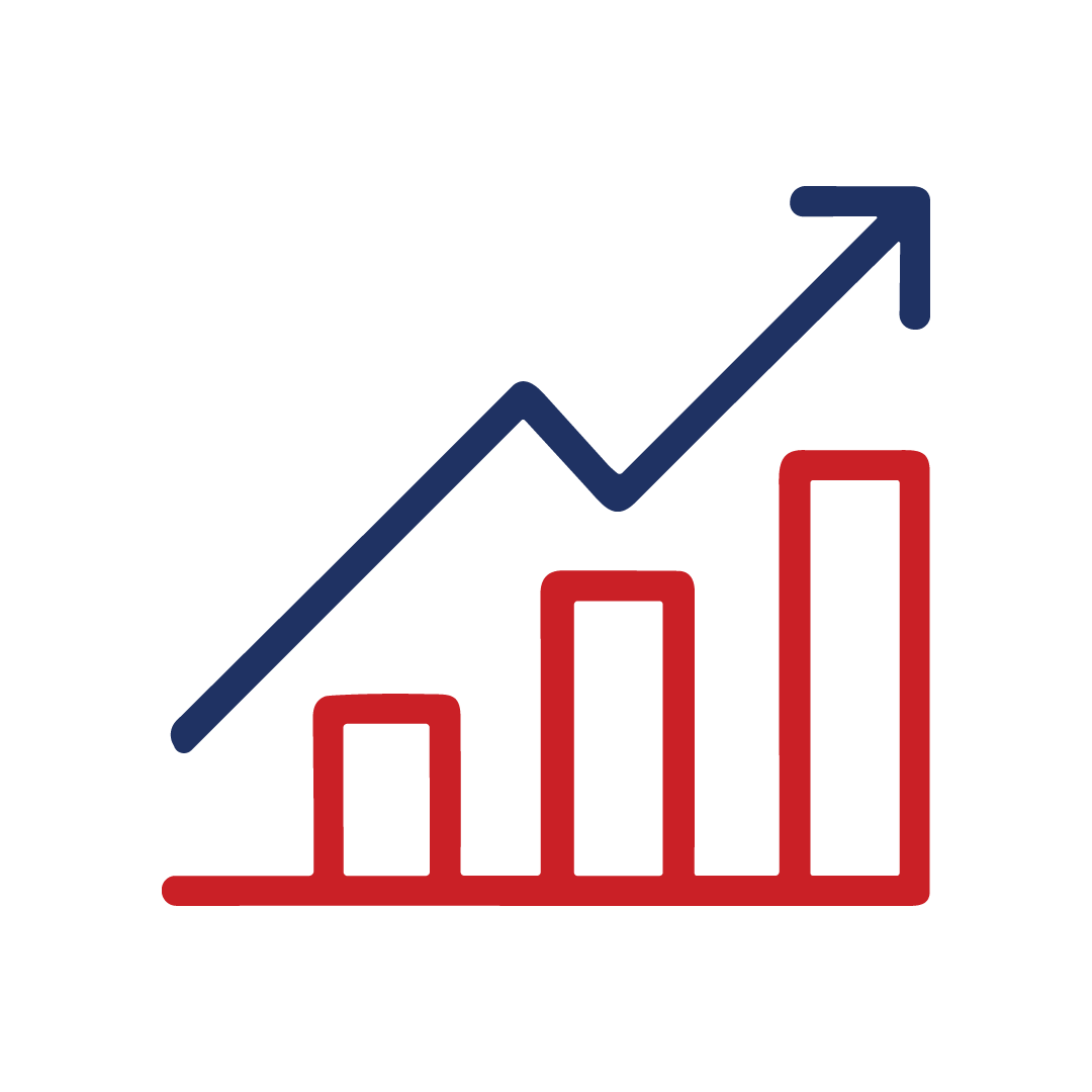 A chart showing a rising orange bar graph with a blue upward-trending arrow line overlay.
