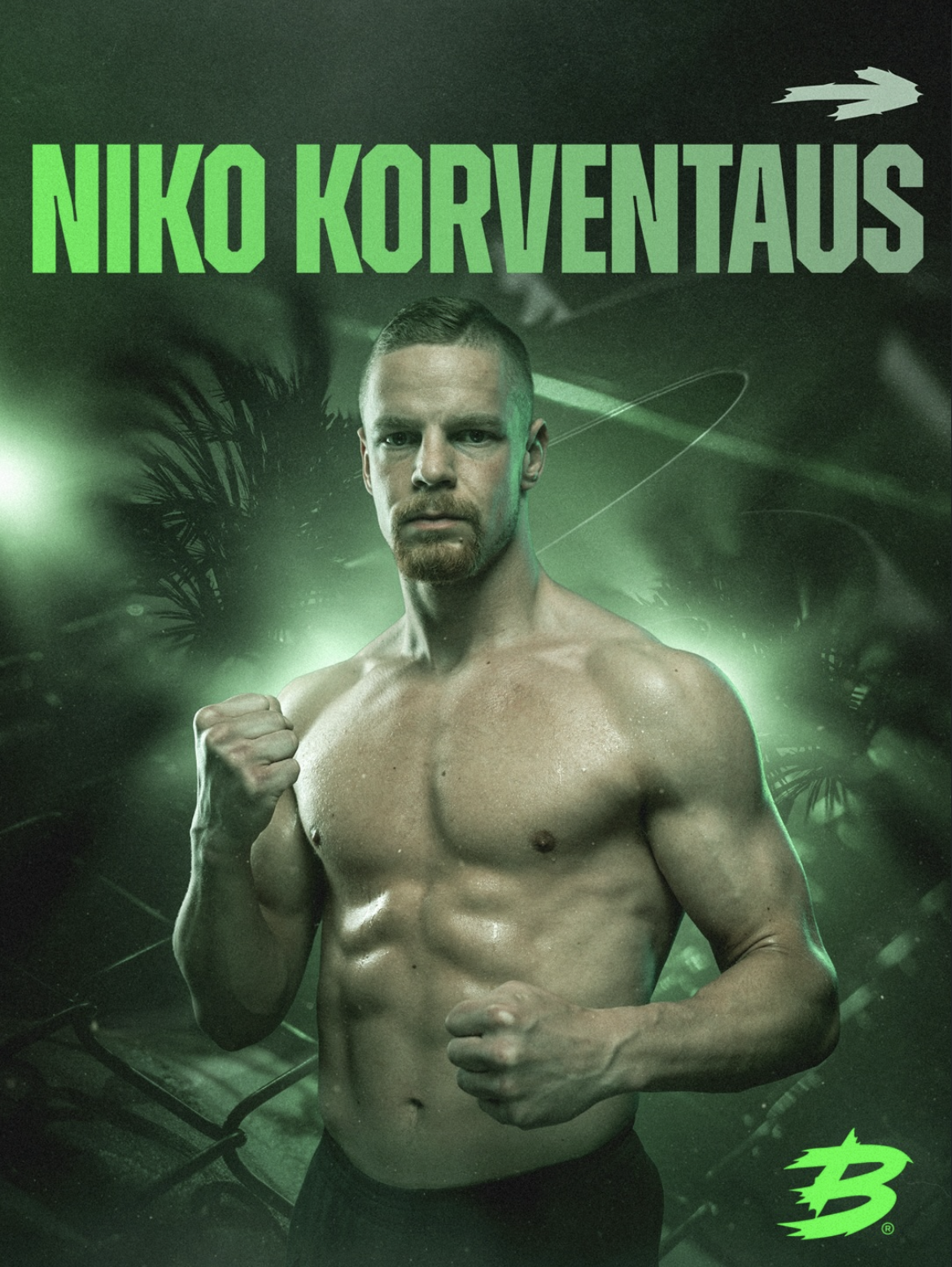 A shirtless man with a serious expression, clenched fists, and a muscular build. The background features green lighting and jungle foliage, with the name 'Niko Korventaus' in bold green text at the top and a small logo at the bottom right.