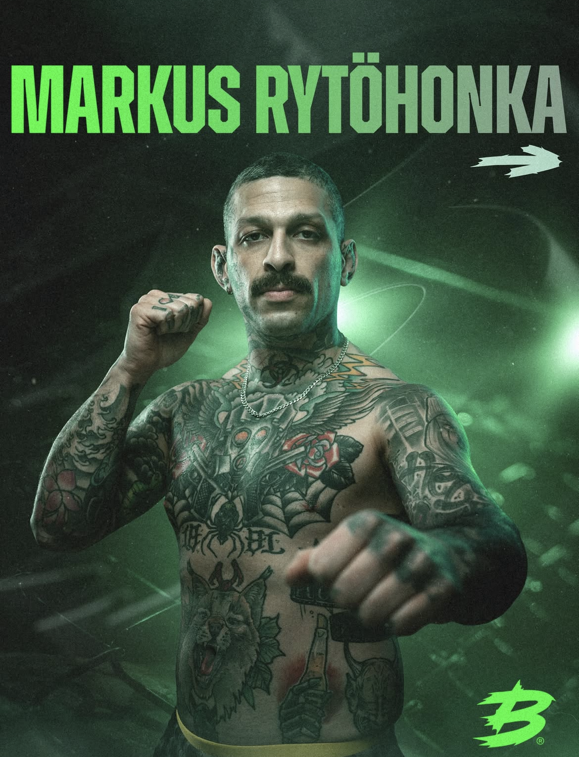 Boxer with tattoos on his upper body, raising his right fist in a fighting pose in front of a green glowing background.