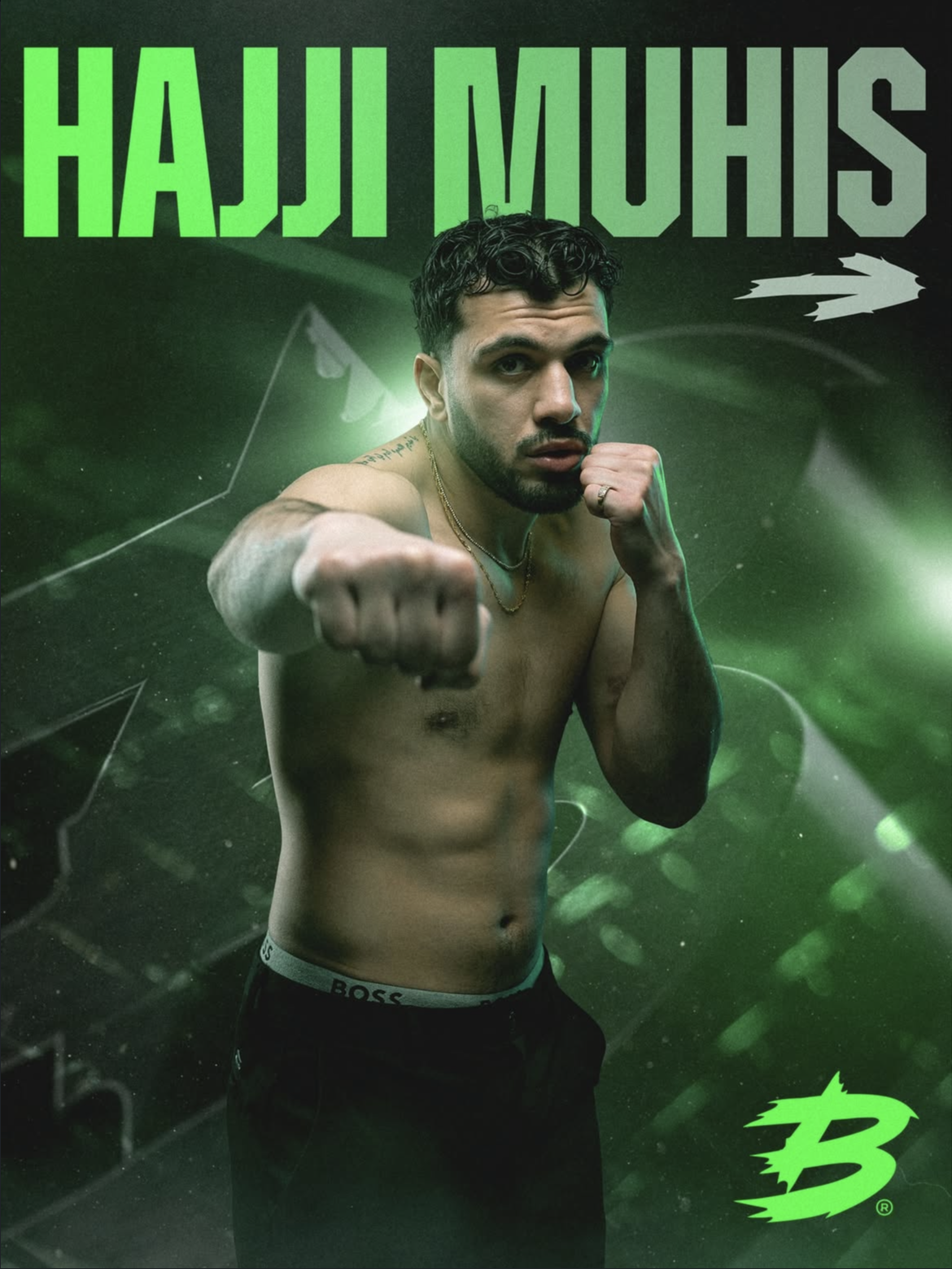 A shirtless man with dark curly hair and a beard poses with a fist forward in a boxing stance, surrounded by green lighting effects, with green text above his head spelling "HAJI MUHIS" and a green logo in the bottom right corner.