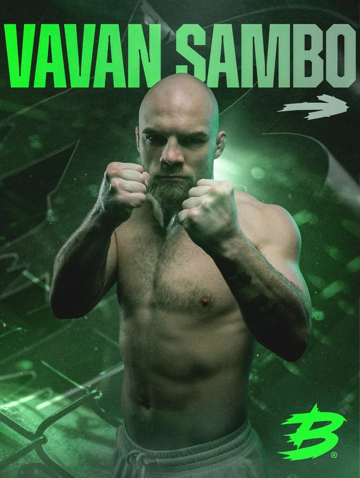 A shirtless man with a beard and bald head in a fighting stance, fists raised, with the text 'VAVAN SAMBO' in bright green and gray font at the top, and a green logo at the bottom right on a dark green background.