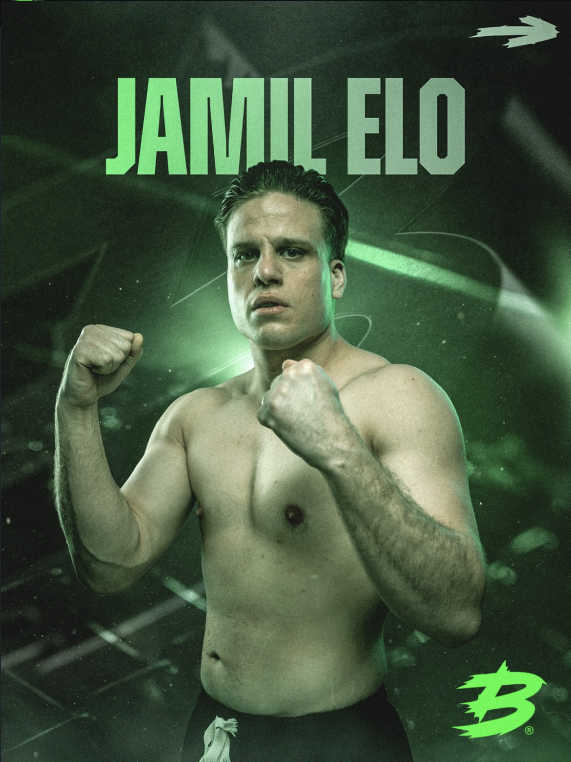 A shirtless young man with short hair poses with fists raised in a fighting stance against a green background with light streaks and swirling patterns, featuring the text 'JAMIL ELO' at the top and a green logo at the bottom right.