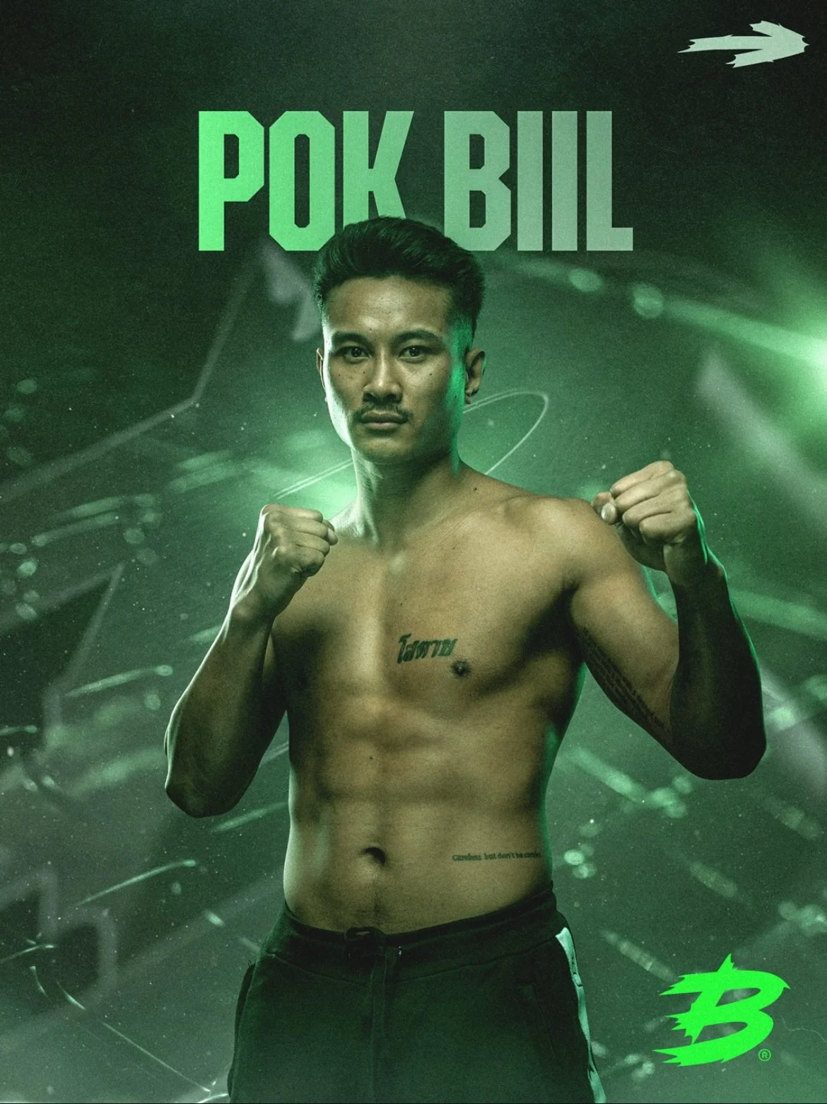 A shirtless young man with clenched fists in a fighting stance, standing in front of a green and black background with the words 'POK BIL' at the top and a stylized green number 3 at the bottom right.