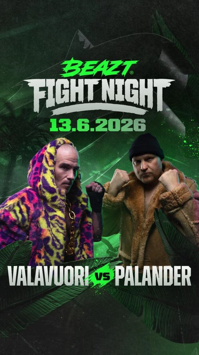 Promotional poster for Beazt Fight Night on June 13, 2026, featuring two fighters, Valavuori and Palander, in a fierce pose with green and black background and tropical leaves.