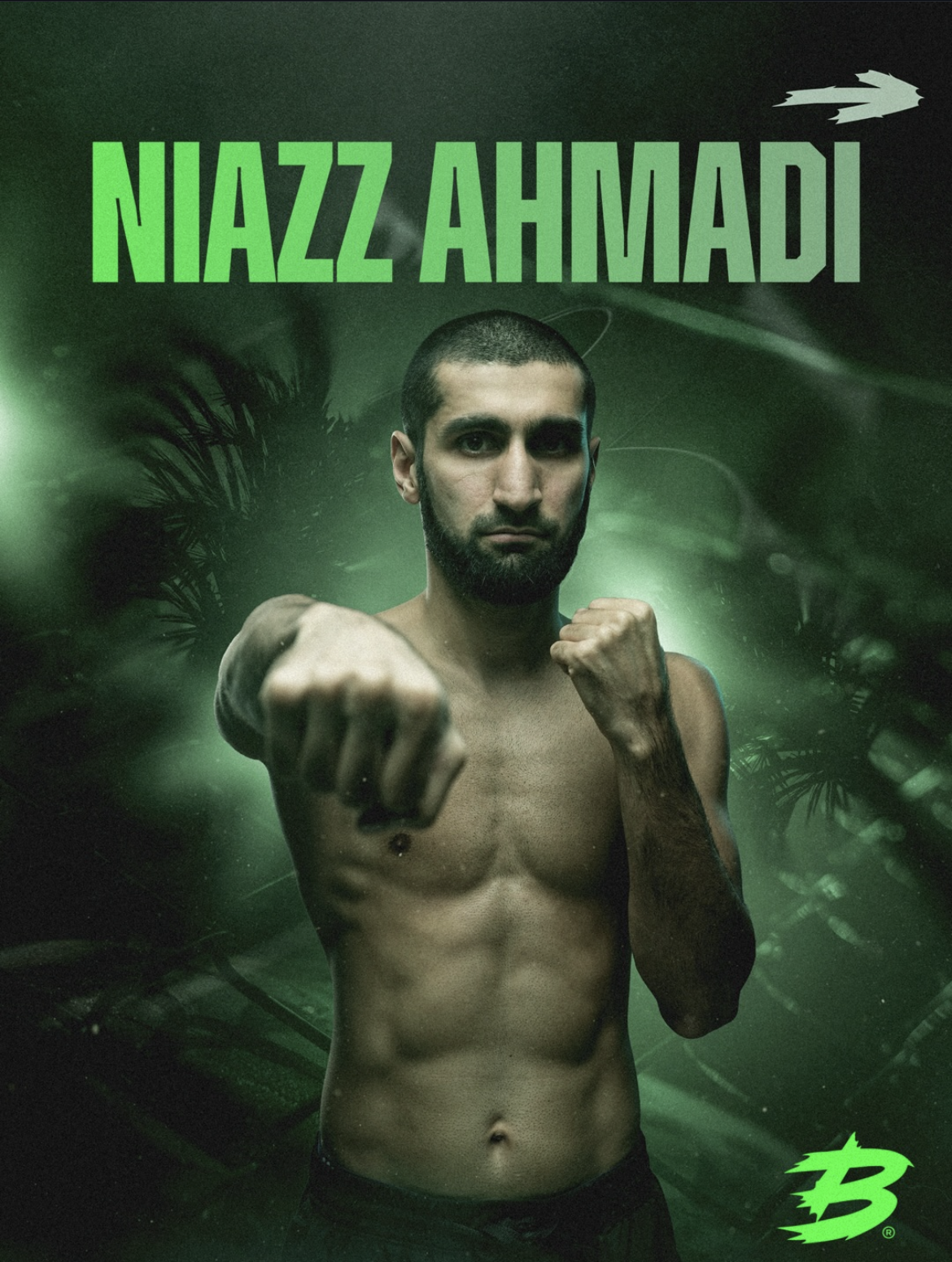 A man with a beard and short hair in a fighting stance, shirtless, with fists raised, against a green and black background with foliage, with his name 'NIAZZ AHMADI' in bold green letters at the top and a green stylized letter 'B' logo at the bottom 