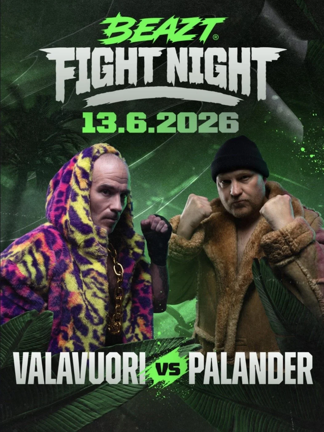 Promotional poster for an event called BEZT Fight Night featuring Valavoli versus Palander on June 13, 2026. The poster shows two men dressed in colorful, animal-patterned jackets, with one on the left wearing a hoodie and the other on the right wear