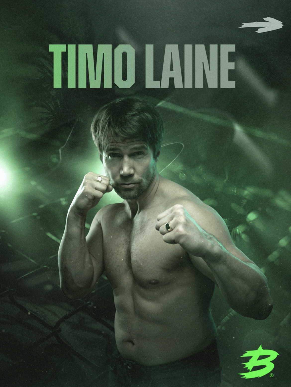 A shirtless man in a boxing stance with fists up, set against a green background with lighting effects and motion lines, with the name 'Timo Laine' at the top and a logo at the bottom right.