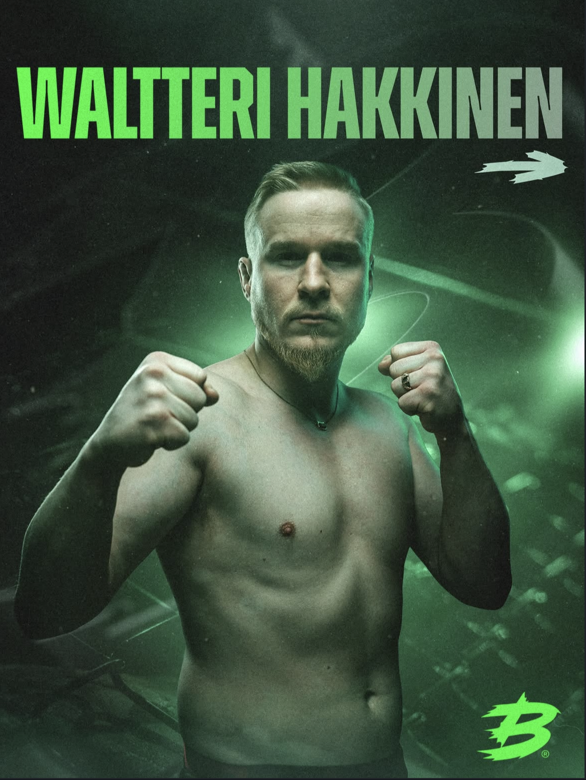 A shirtless man with green lighting in the background, standing in a fighting stance with clenched fists. The text 'WALTERI HAKKINEN' is displayed at the top in bold green and gray letters, and there is a stylized green logo at the bottom right corne