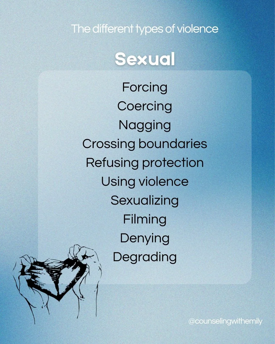 Any sexual acts without consent are considered sexual violence. It ranges from sexually offensive words and acts to rape. 

Consent is to be given voluntarily, explicitly and enthusiastically, meaning if a person is unable for any reason to say no, o
