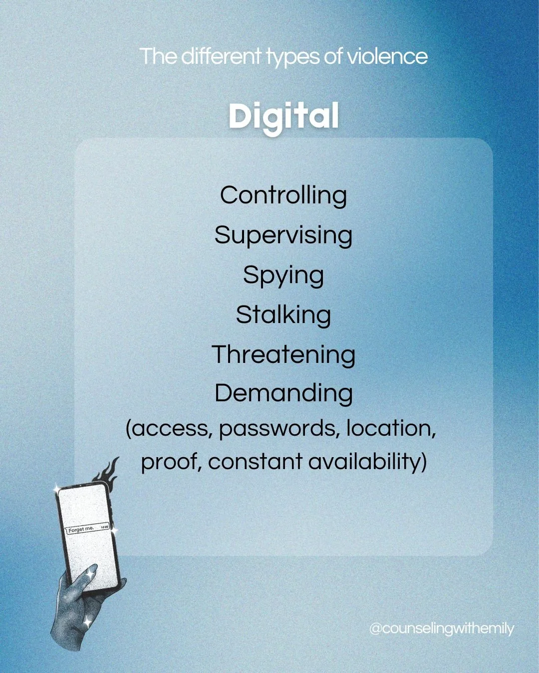 Digital violence is facilitated in digital environments, typically through phones, apps, and other digital platforms, such as social media. The abuser will use these to exercise control, monitor and harass.

Digital harassment can include threats, ve