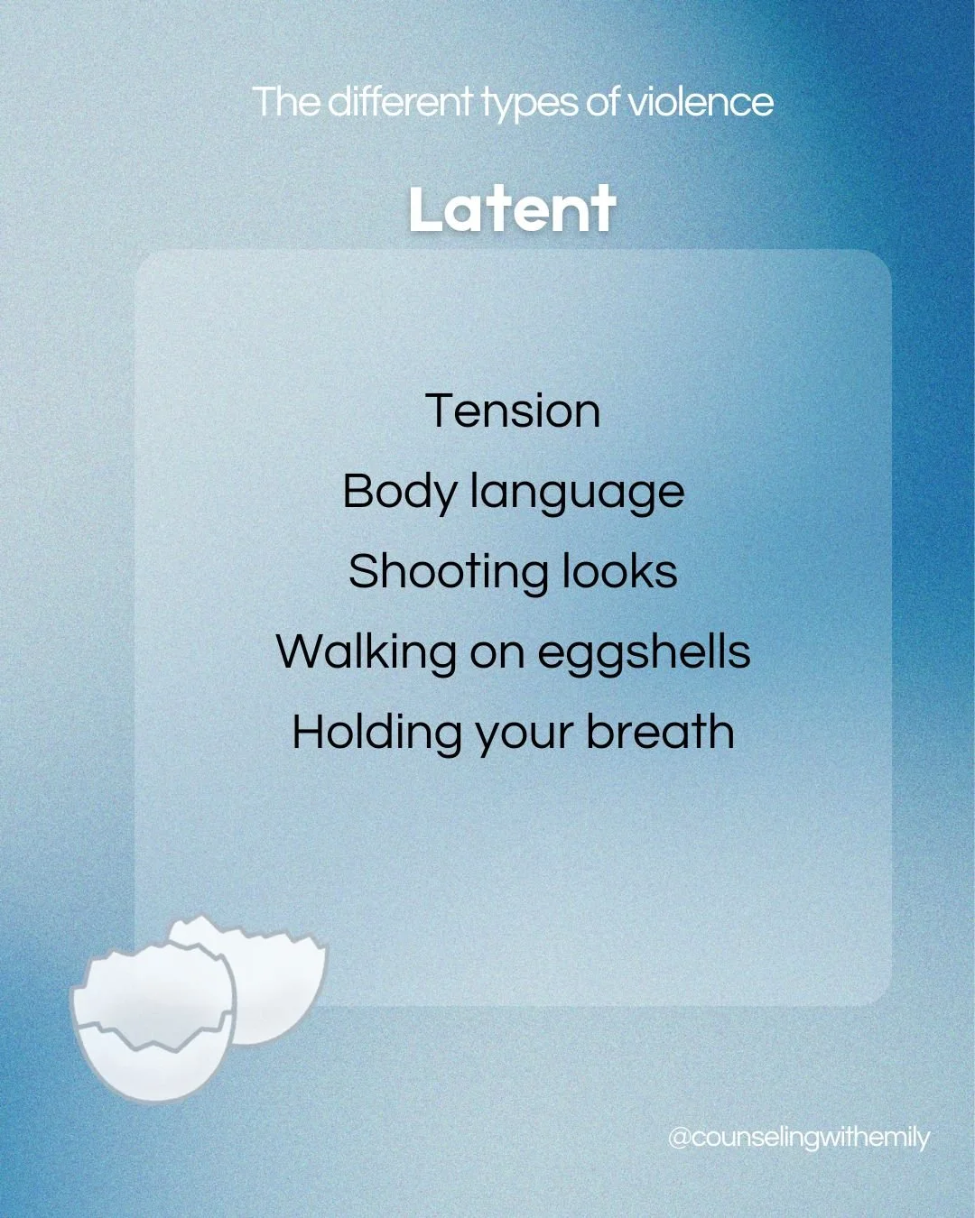 Latent violence can be referred to as the silent violence. Not expressed physically or verbally, but is implied through looks, body language, moods, tension and other signals. It can be exercised among other people without anyone else understanding o