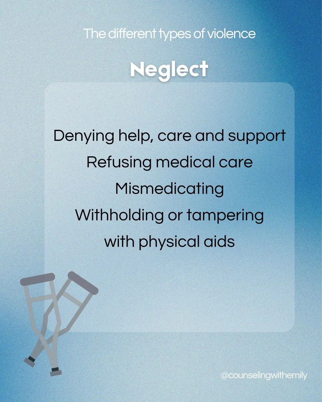The last post in this miniseries is about neglect, the act of withholding help, care and support needed in everyday life.

Neglect is usually targeted at people who are dependent on others for support in managing their daily life, vulnerable groups s
