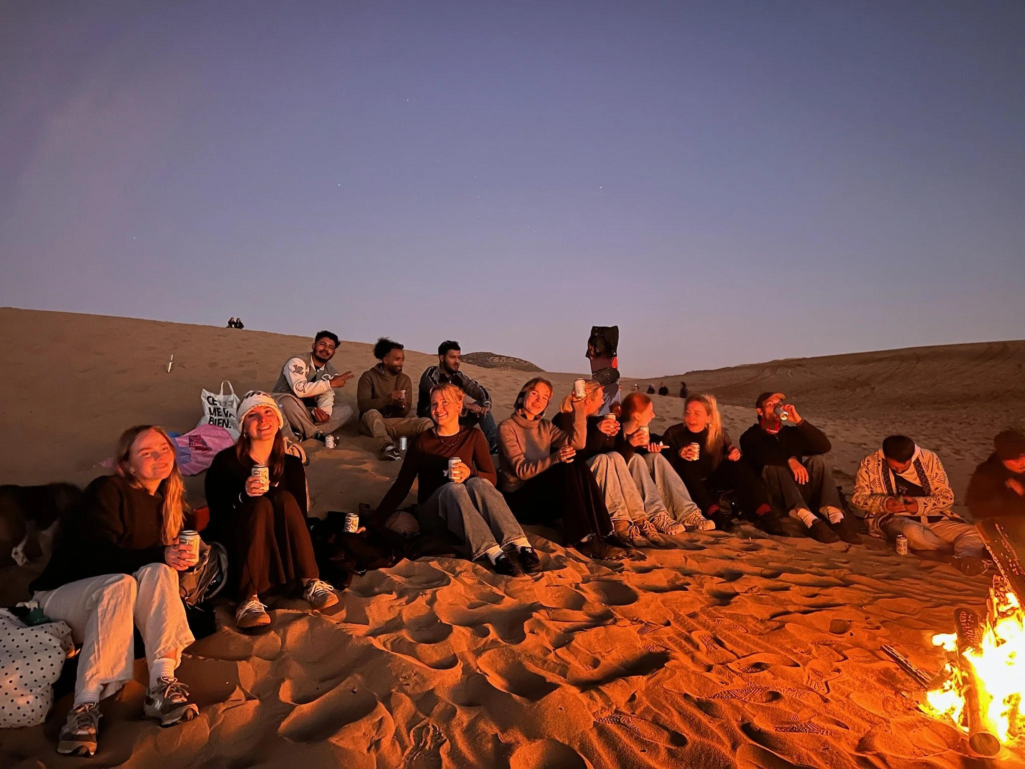Unge mennesker sidder i ørkenen rundt om et bål