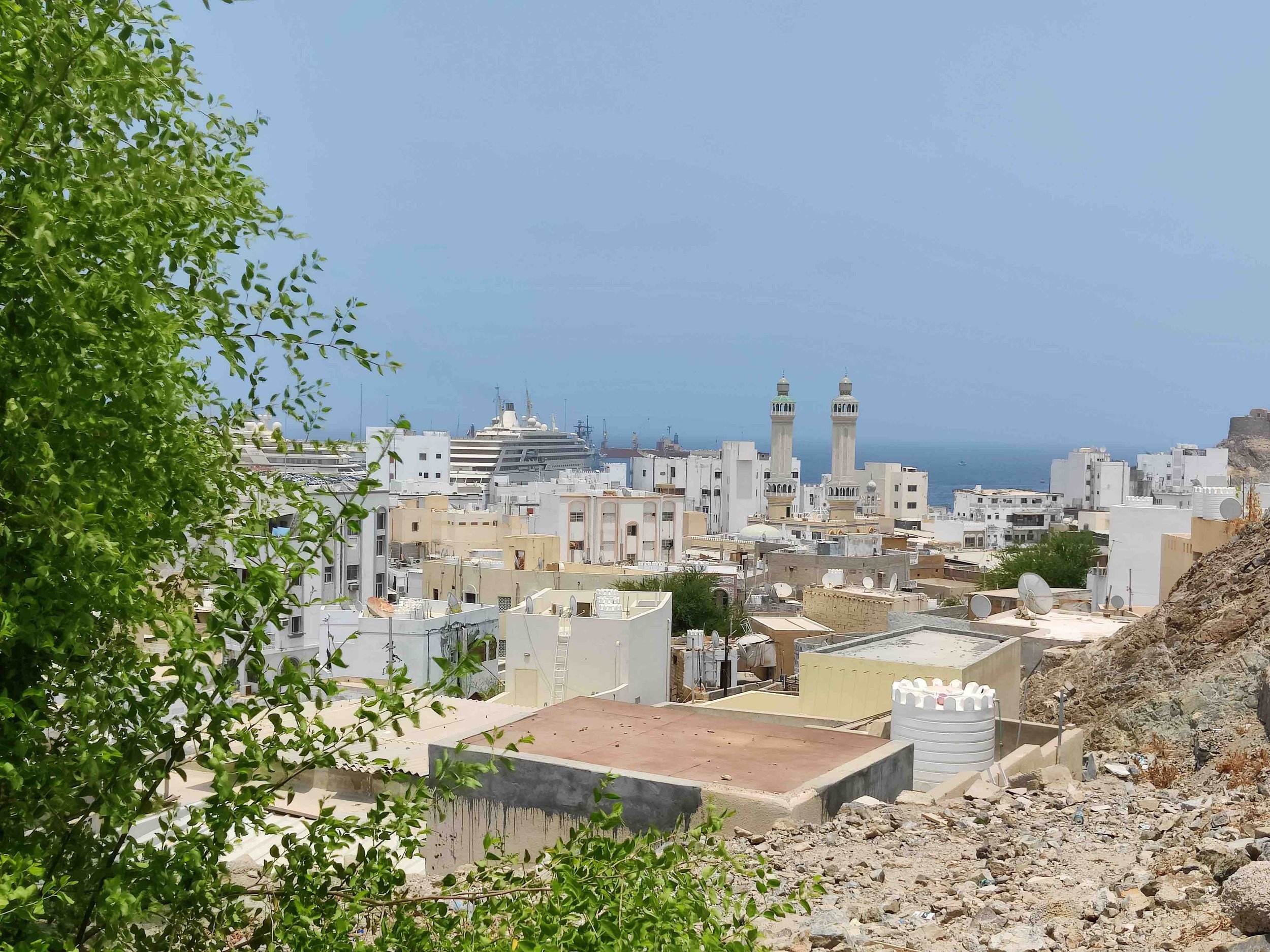 Omani cityscape with white buildings, two minarets, a cruise ship, and the ocean in the background. Green tree on the left and rocky terrain on the right.