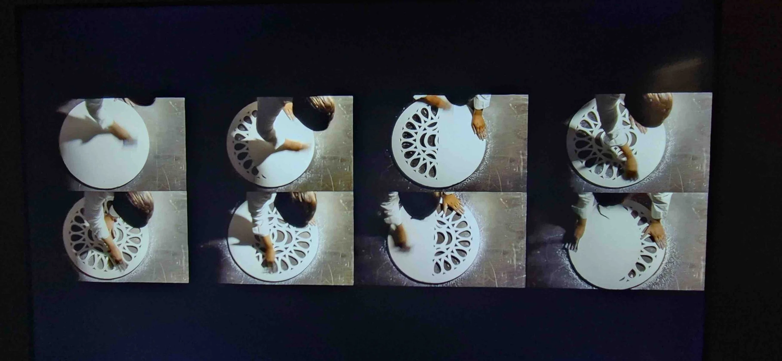 A collage of six photos showing a woman in white clothing and brown shoes stepping onto or sitting on a decorative white circular platform with cut-out patterns. The photos are taken from above and the scene appears dark with a reflective surface.