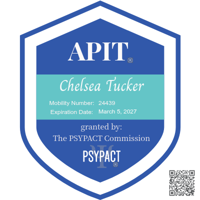 A badge labeled 'APIT Chelsea Tucker' with a mobility number '24439' and expiration date 'March 5, 2027,' granted by the PSYPACT Commission, featuring a QR code.