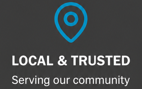 Logo with a location pin icon in blue above text that reads 'LOCAL & TRUSTED Serving our community' on a dark background.
