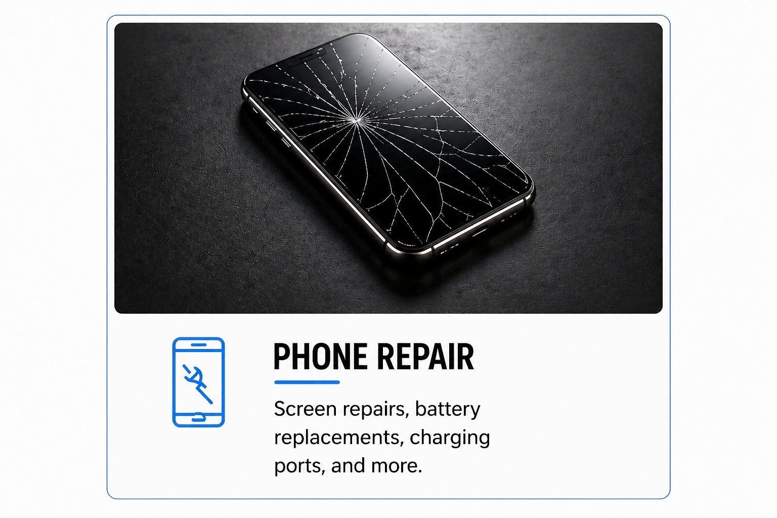 A smartphone with a shattered screen lying on a dark surface, with advertisement text below for phone repair services including screen repairs, battery replacements, and charging ports.