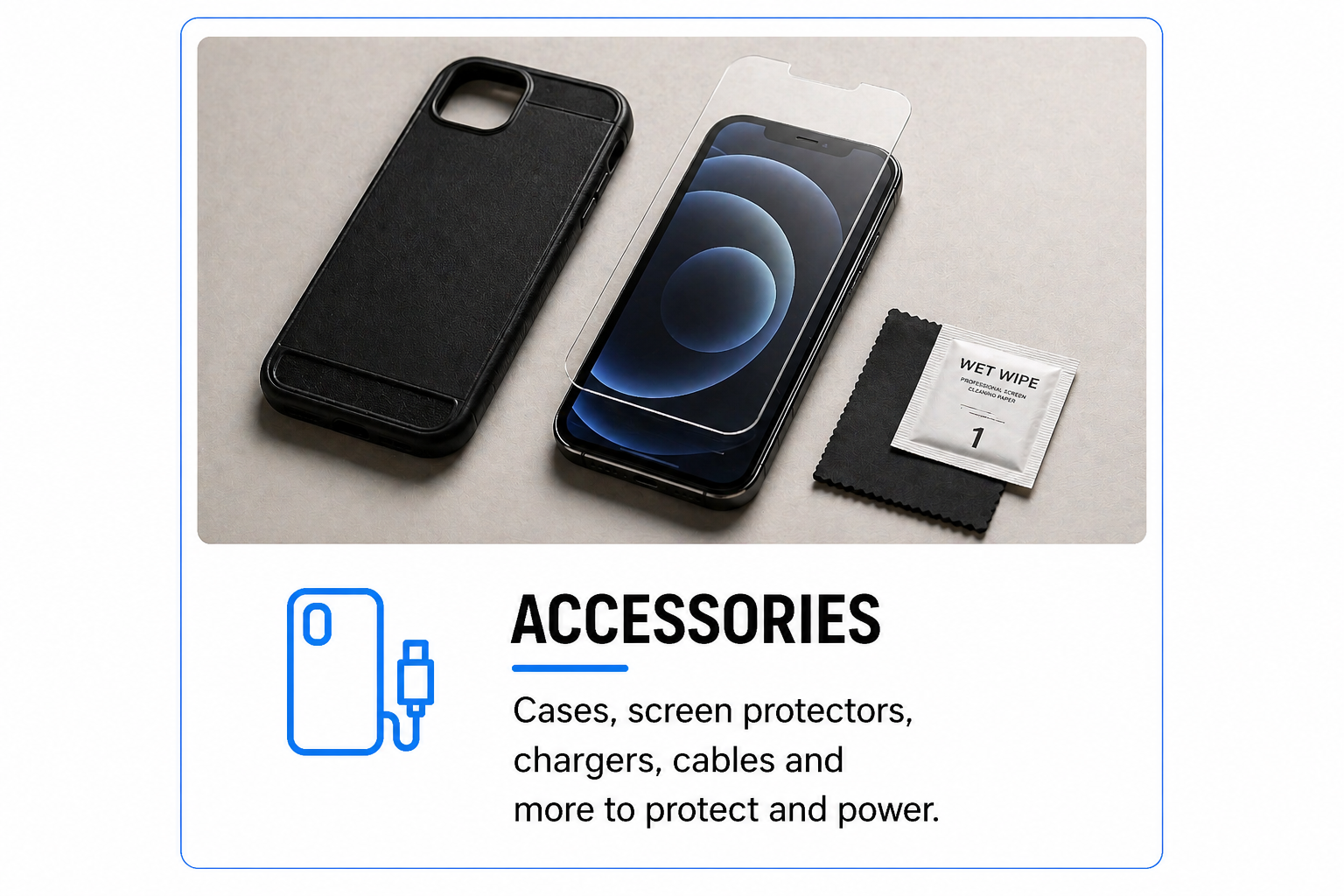 A smartphone with a screen protector placed on top, a black phone case, a wet wipe, and a cleaning cloth for phone protection accessories.