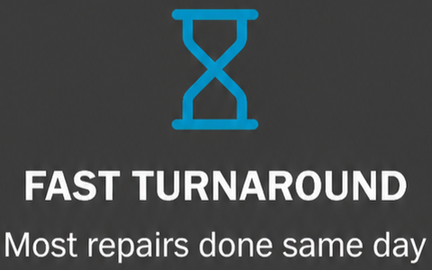 An image with a blue hourglass icon, the text "FAST TURNAROUND" in bold white letters, and the phrase "Most repairs done same day" underneath."